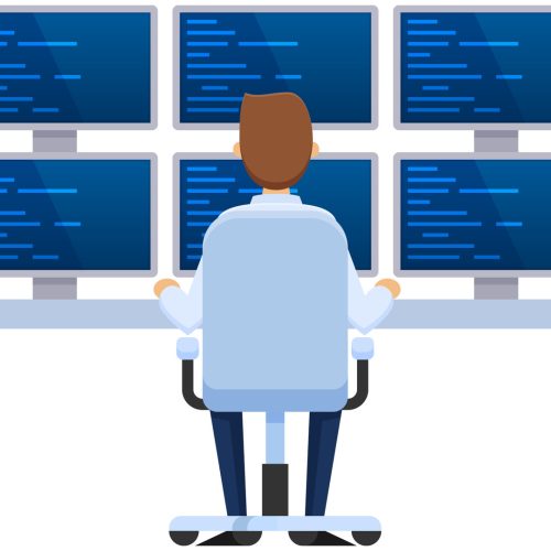 information base, server installation, employee working for computers and monitors.